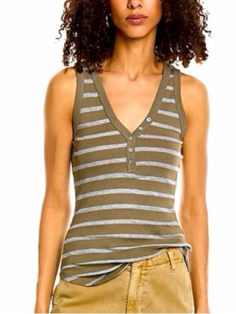 Michael Stars Striped Ribbed Henley Tank Olive Casual Everyday Top Size S